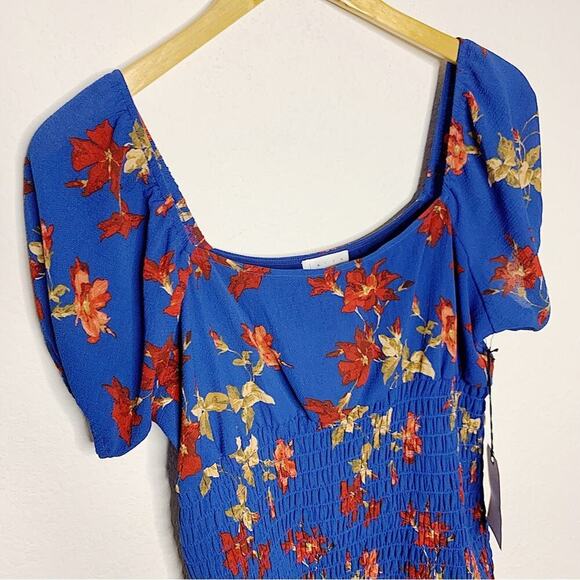 NWT Leith Smocked Square Neck Short Sleeve Mini Dress Blue Floral Size Medium - Picture 4 of 7